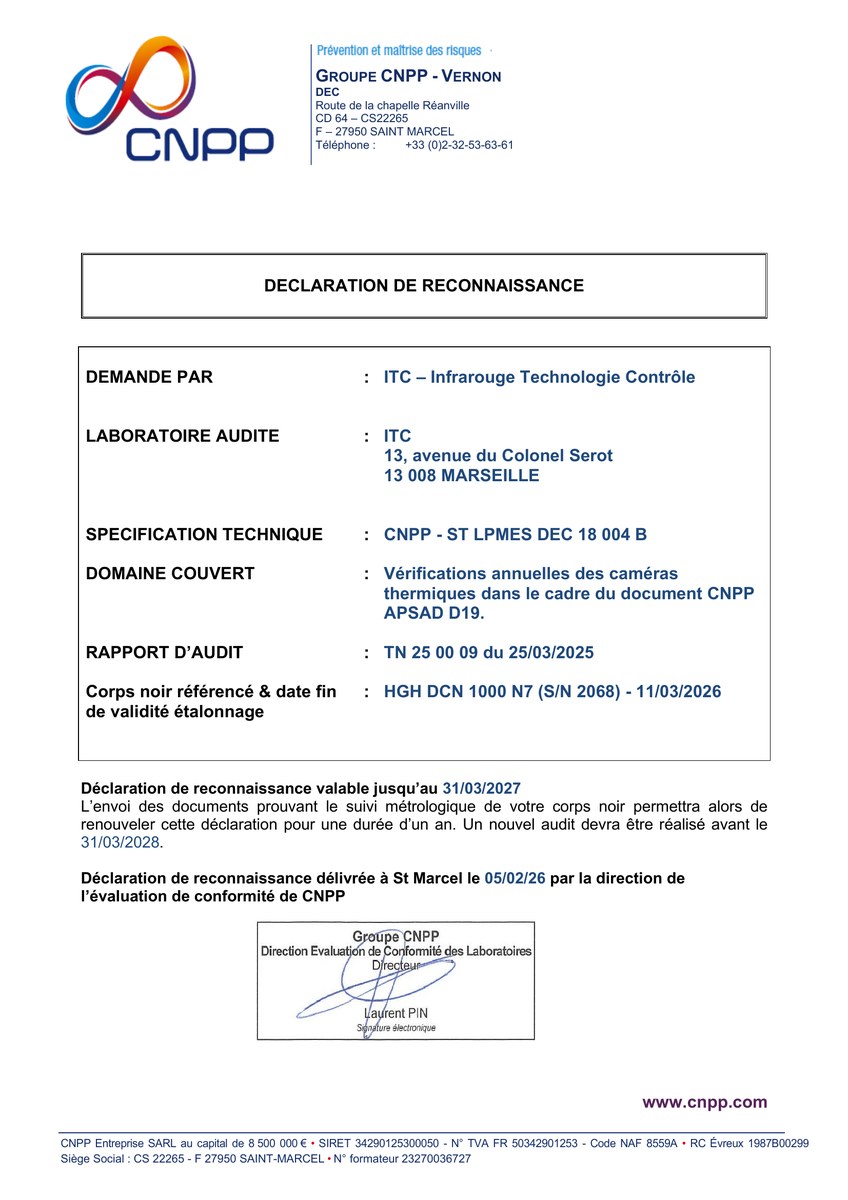 Déclaration de Reconnaissance du CNPP délivrée à ITC le 5 février 2026 pour la vérification des caméras thermographiques au titre de la ST LPMES DEC.18.004 B