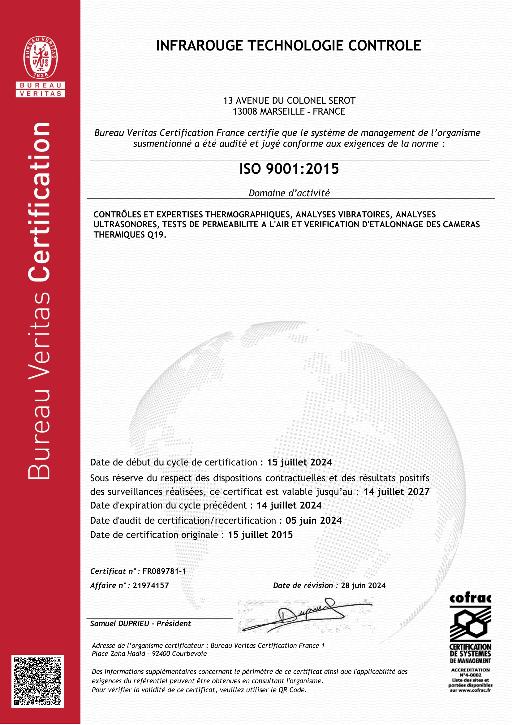 Certificat ISO 9001:2015 ITC — Bureau Veritas, valable jusqu'au 14 juillet 2027