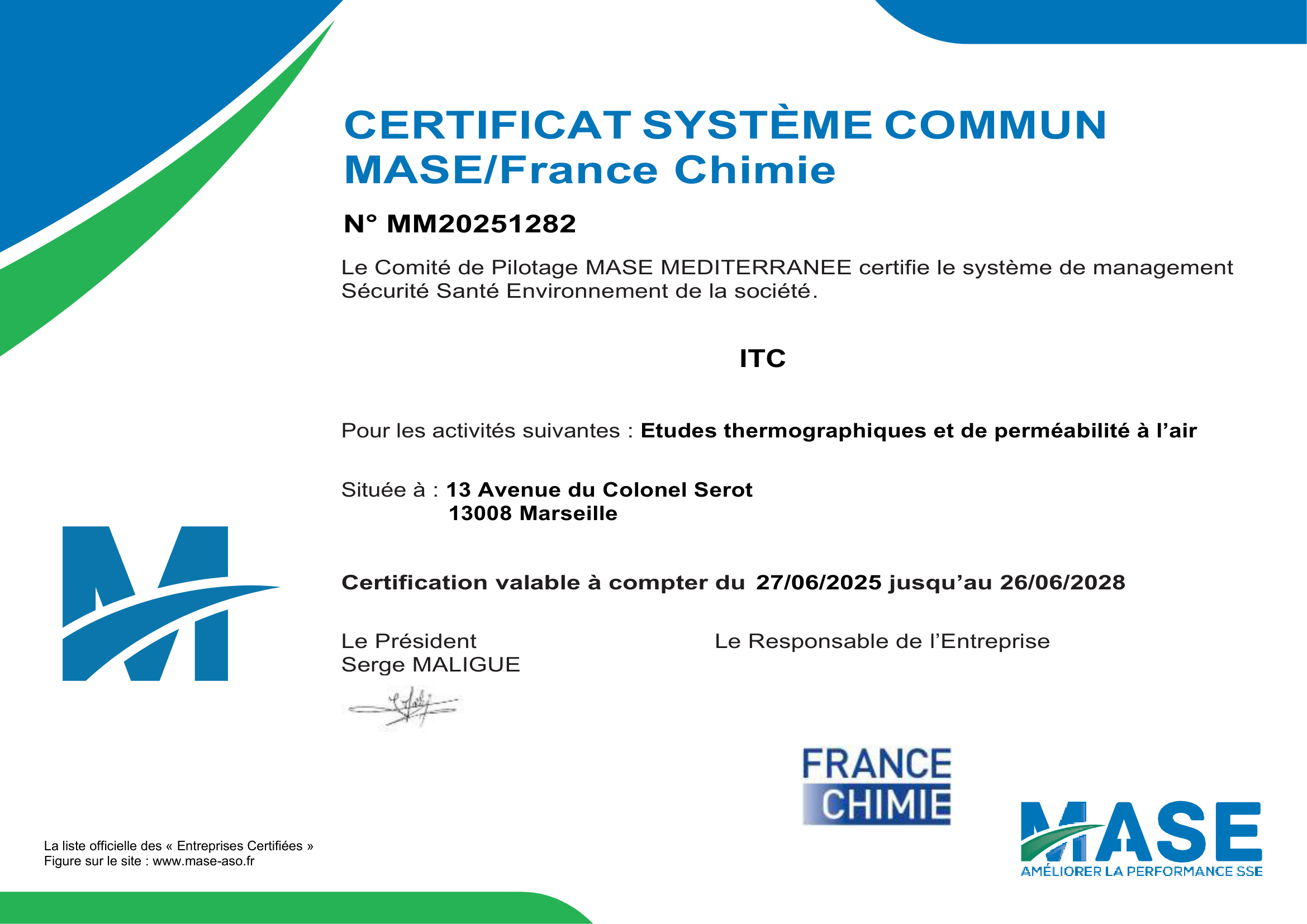 Certificat MASE ITC — MASE Méditerranée France Chimie, valable jusqu'au 26 juin 2028