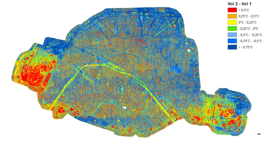 Carte des differences thermiques entre fin et debut de nuit sur Paris — campagne ITC aout 2015