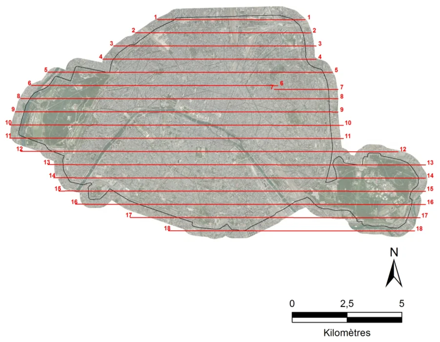 Plan de vol thermographique nocturne — 18 axes au-dessus de Paris, campagne ITC aout 2015