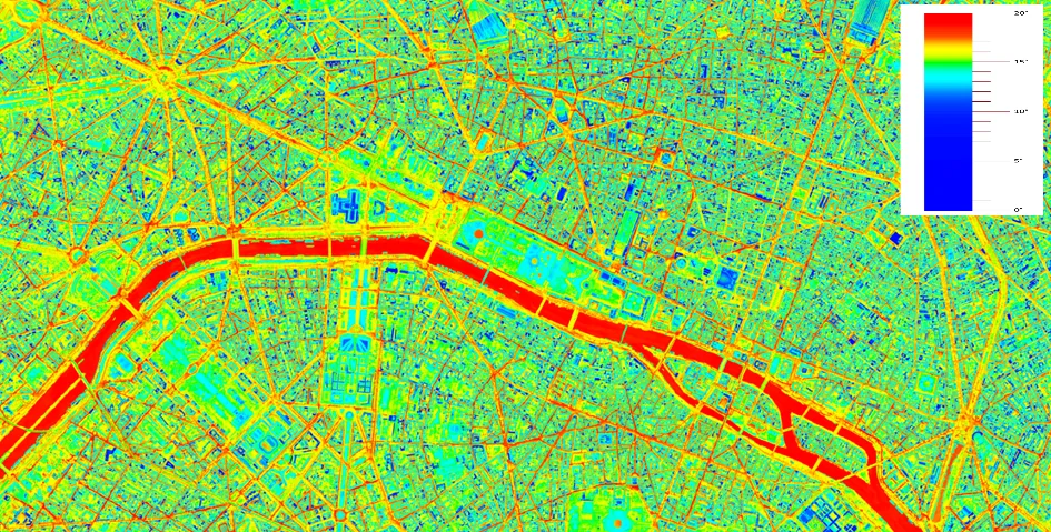 Zoom sur Paris et la Seine — lecture en gradient continu 256 couleurs, campagne ITC 2015