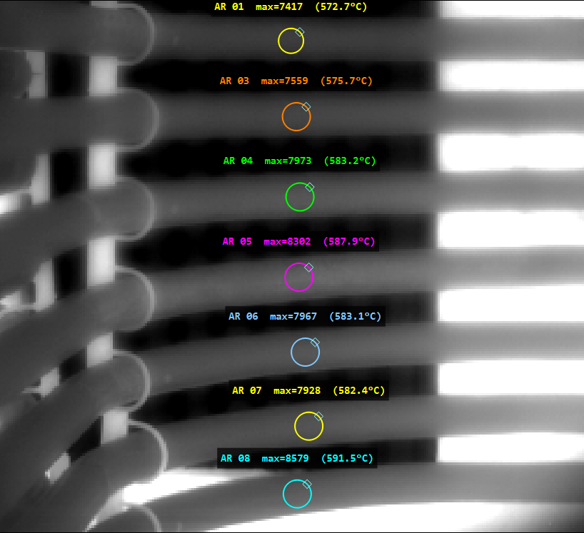Thermogramme au filtre 3,9 µm — mesures point par point sur 7 tubes (AR01 à AR08), températures de 573 à 592 °C